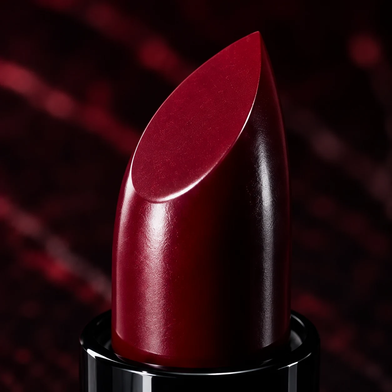 Black-cherry lipstick, material and finish in close detail